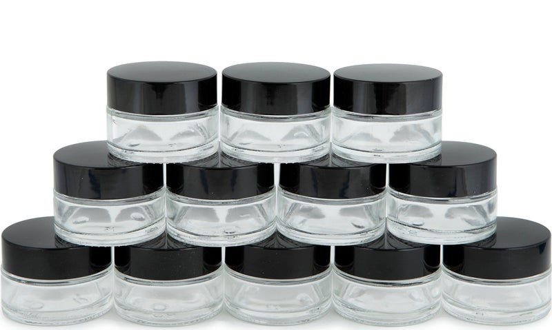 Vivaplex, 12, Clear, 15 ml (1/2 oz), Round Glass Jars, with Inner Liners and black Lids - Image 1